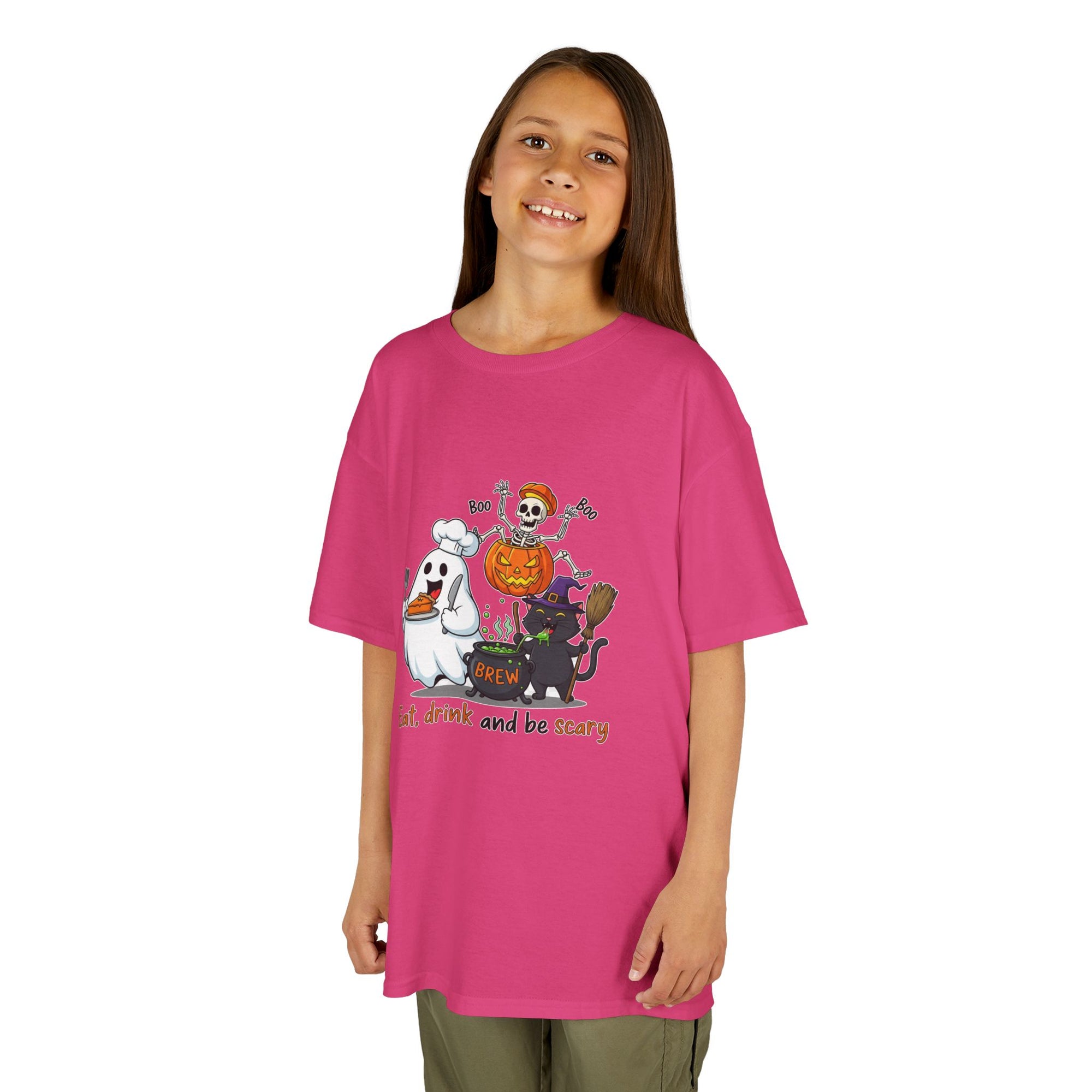 Eat Drink and Be Scary Kids Halloween T-Shirt | Cute Ghost Skeleton Pumpkin Cat Shirt for Boys Girls Trick or Treat Tee - Atlas Briefly