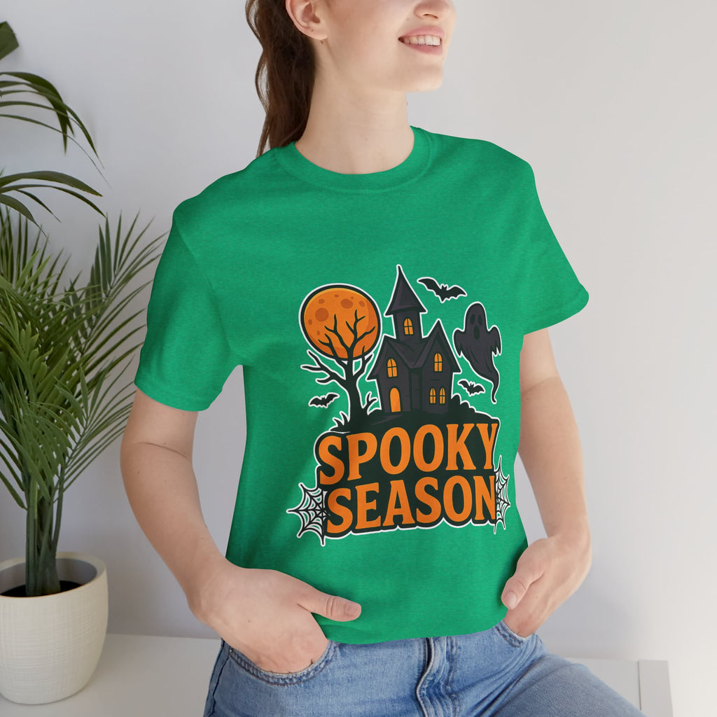 Spooky Season Halloween T-Shirt - Haunted House Ghost Bat Graphic Tee | Halloween Landscape Shirt - Atlas Briefly