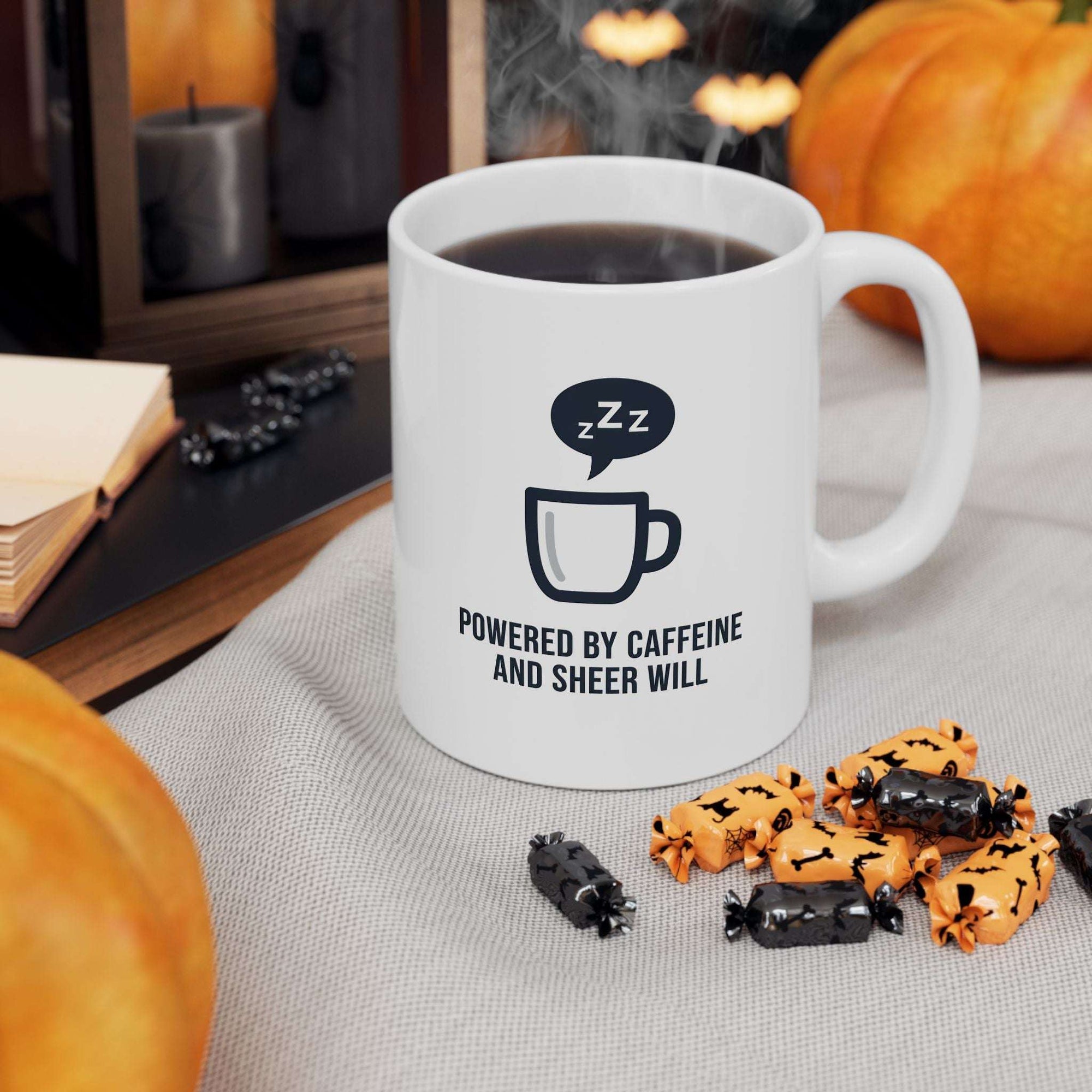 Powered by Caffeine and Sheer Will Mug - Funny Coffee Cup | Minimalist Humor Gift US Version - Atlas Briefly