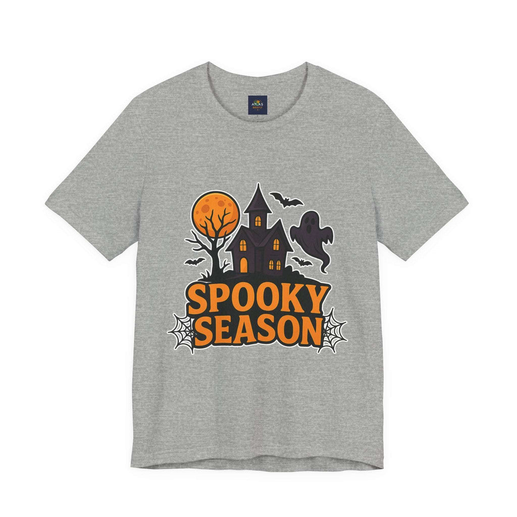 Spooky Season Halloween T-Shirt - Haunted House Ghost Bat Graphic Tee | Halloween Landscape Shirt - Atlas Briefly
