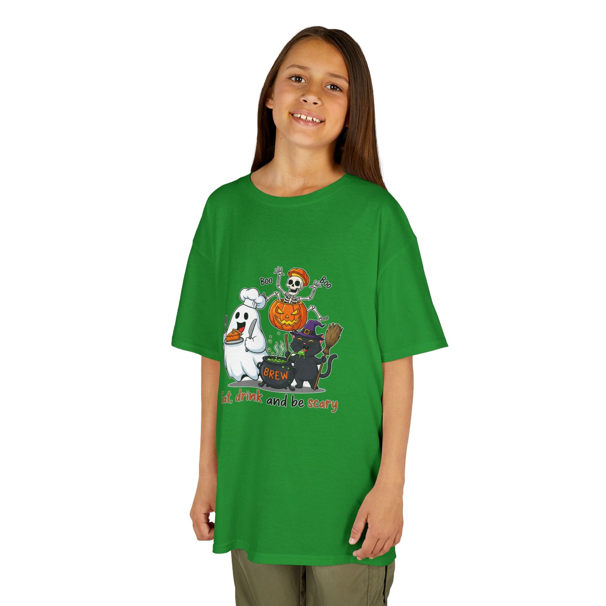 Eat Drink and Be Scary Kids Halloween T-Shirt | Cute Ghost Skeleton Pumpkin Cat Shirt for Boys Girls Trick or Treat Tee - Atlas Briefly