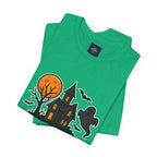 Spooky Season Halloween T-Shirt - Haunted House Ghost Bat Graphic Tee | Halloween Landscape Shirt - Atlas Briefly
