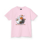 Eat Drink and Be Scary Kids Halloween T-Shirt | Cute Ghost Skeleton Pumpkin Cat Shirt for Boys Girls Trick or Treat Tee - Atlas Briefly