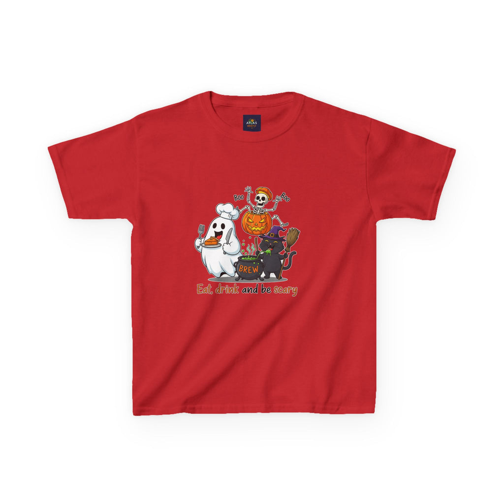 Eat Drink and Be Scary Kids Halloween T-Shirt | Cute Ghost Skeleton Pumpkin Cat Shirt for Boys Girls Trick or Treat Tee - Atlas Briefly