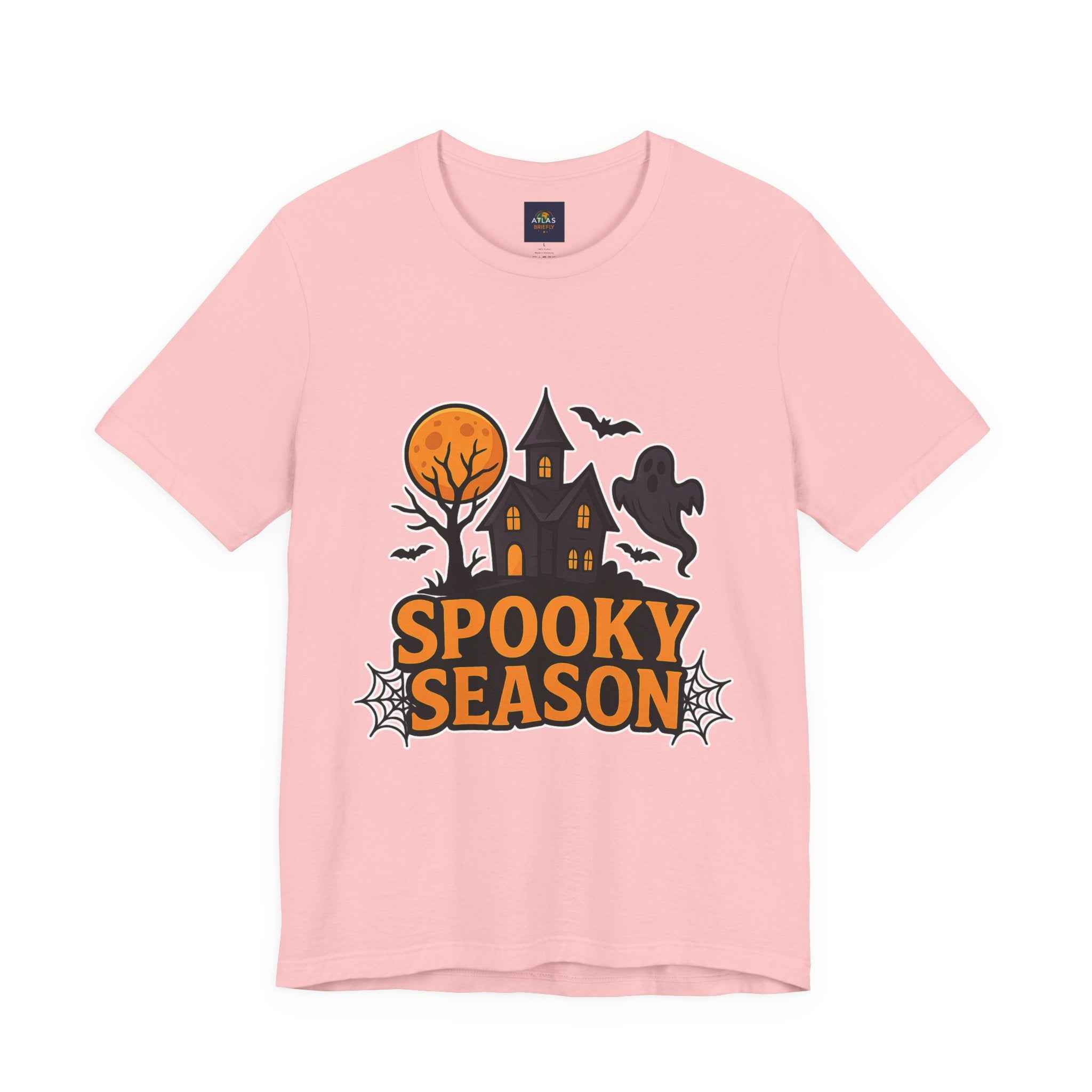 Spooky Season Halloween T-Shirt - Haunted House Ghost Bat Graphic Tee for Halloween Enthusiasts - Atlas Briefly