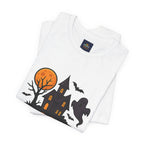 Spooky Season Halloween T-Shirt - Haunted House Ghost Bat Graphic Tee | Halloween Landscape Shirt - Atlas Briefly
