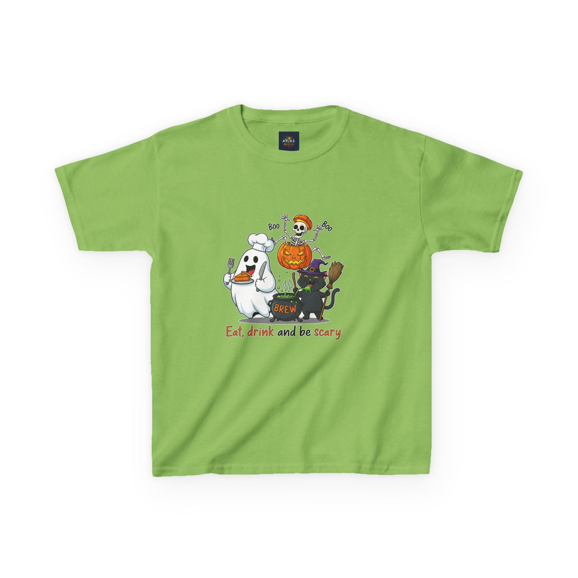 Eat Drink and Be Scary Kids Halloween T-Shirt | Cute Ghost Skeleton Pumpkin Cat Shirt for Boys Girls Trick or Treat Tee - Atlas Briefly