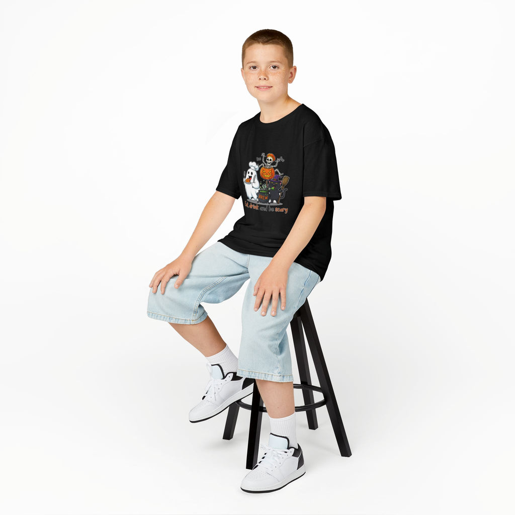 Eat Drink and Be Scary Kids Halloween T-Shirt | Cute Ghost Skeleton Pumpkin Cat Shirt for Boys Girls Trick or Treat Tee - Atlas Briefly