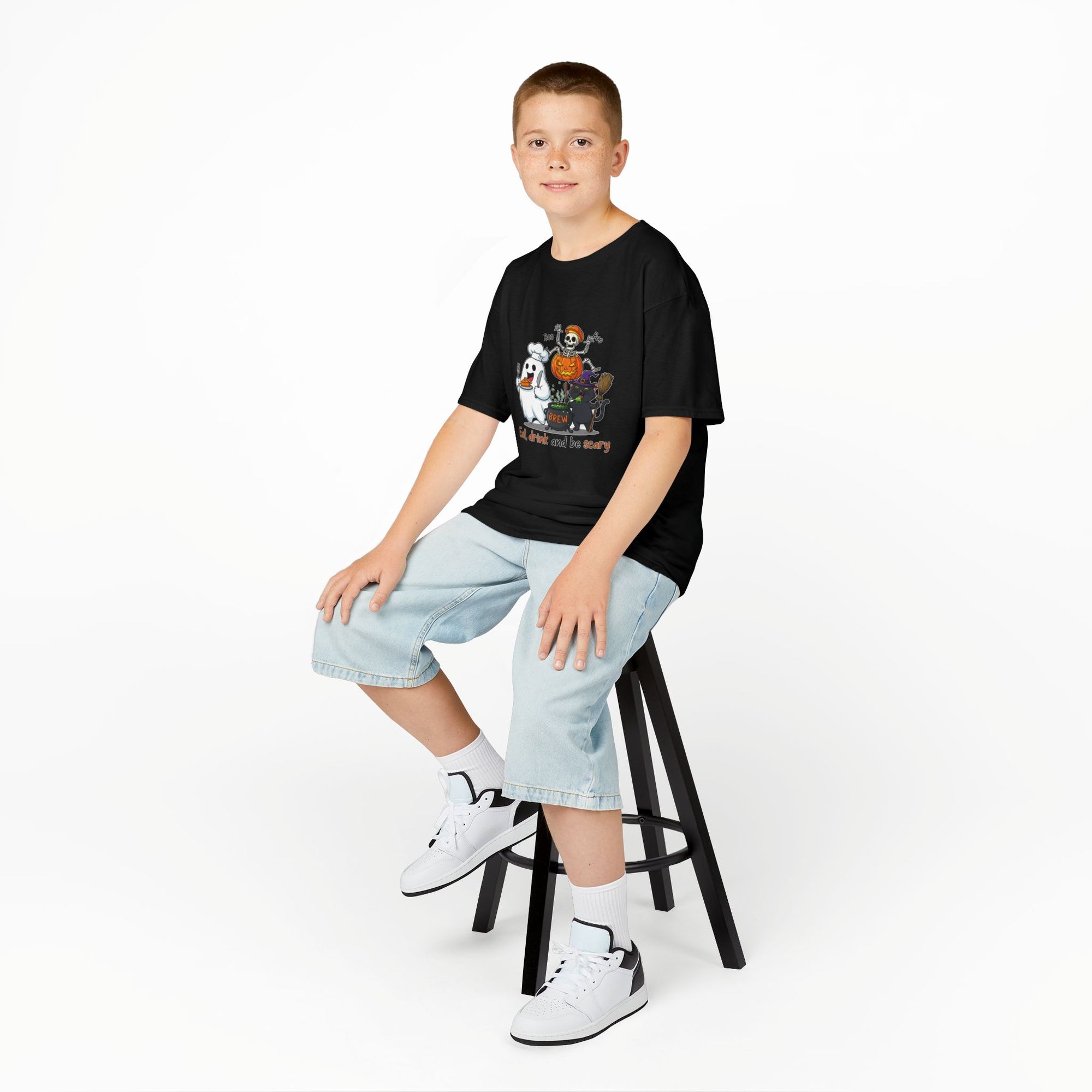Eat Drink and Be Scary Kids Halloween T-Shirt | Cute Ghost Skeleton Pumpkin Cat Shirt for Boys Girls Trick or Treat Tee - Atlas Briefly