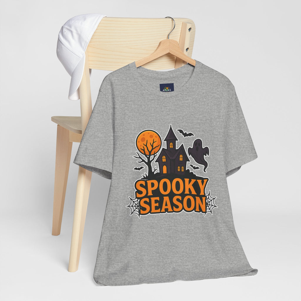 Spooky Season Halloween T-Shirt - Haunted House Ghost Bat Graphic Tee | Halloween Landscape Shirt - Atlas Briefly