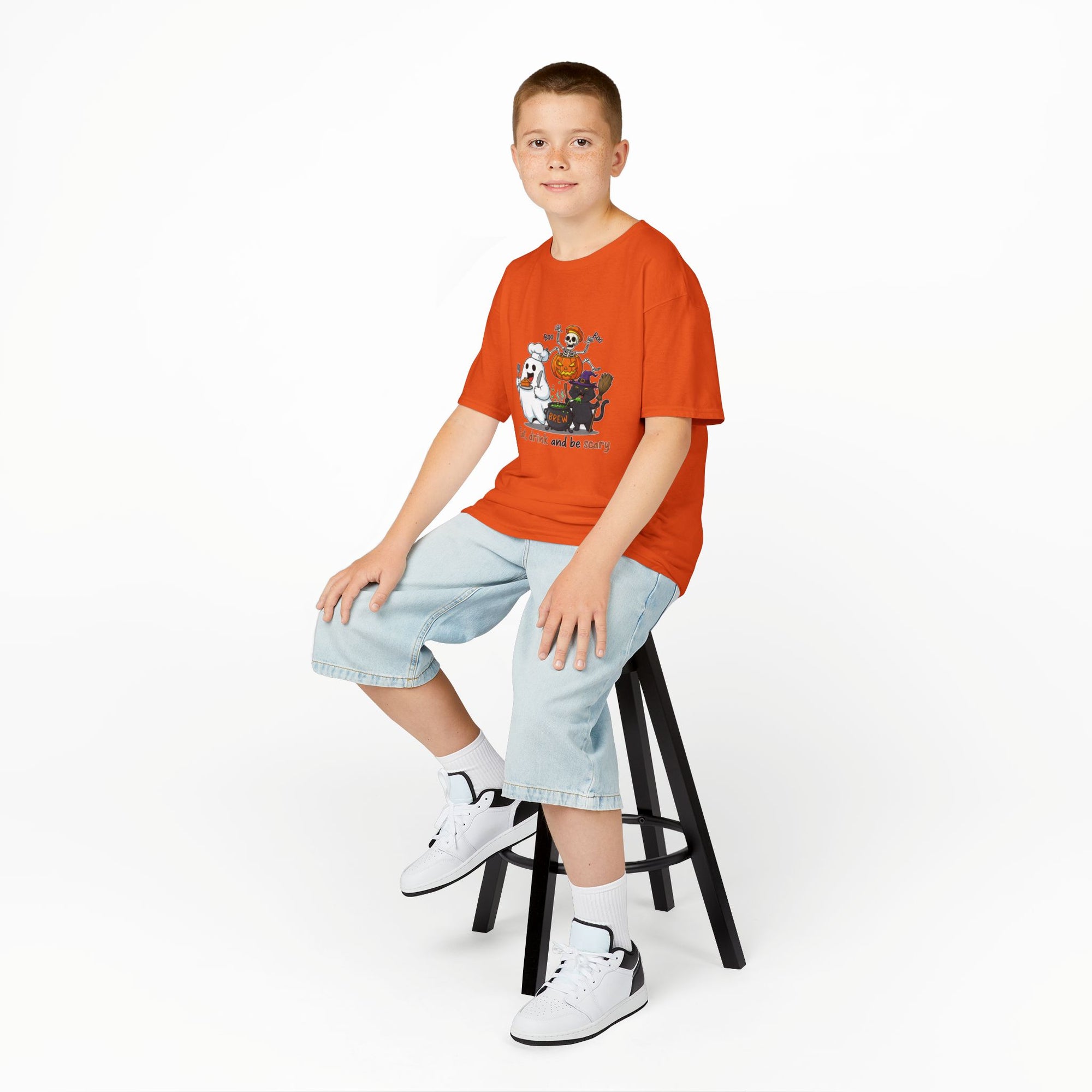 Eat Drink and Be Scary Kids Halloween T-Shirt | Cute Ghost Skeleton Pumpkin Cat Shirt for Boys Girls Trick or Treat Tee - Atlas Briefly