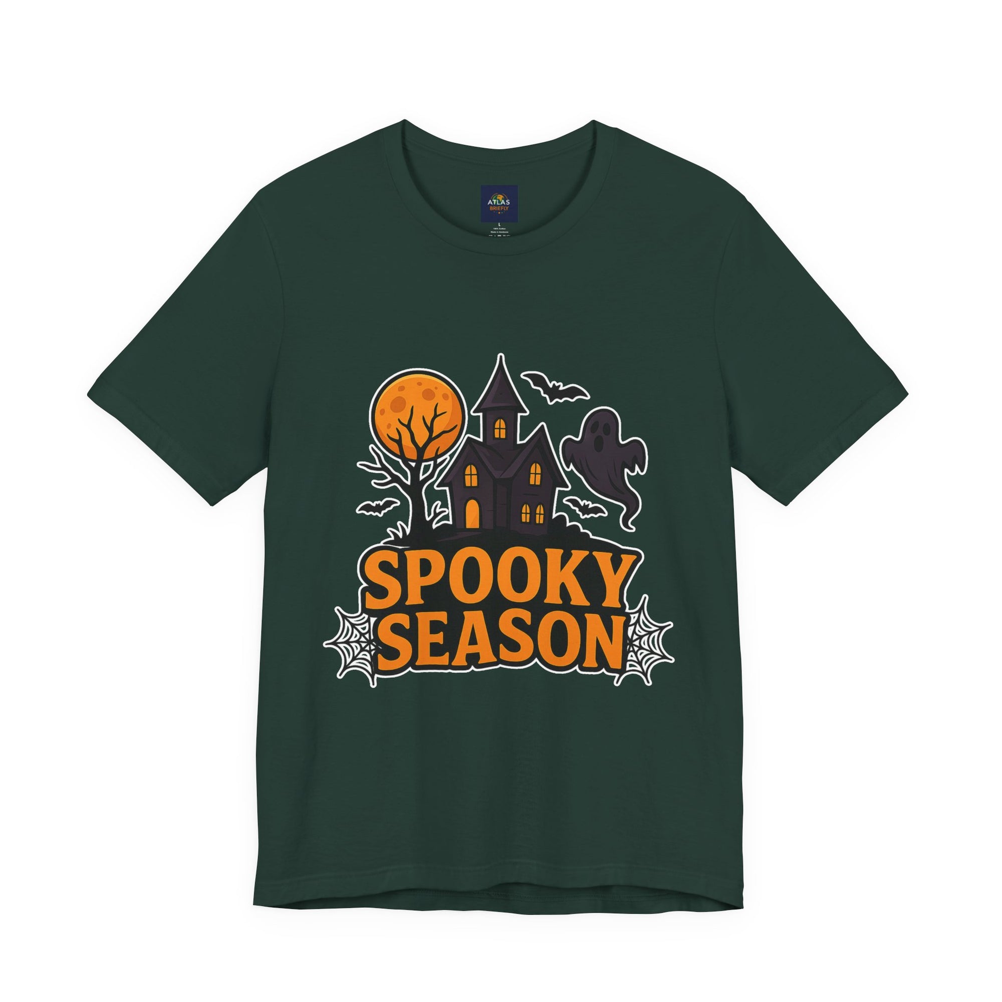Spooky Season Halloween T-Shirt - Haunted House Ghost Bat Graphic Tee | Halloween Landscape Shirt - Atlas Briefly