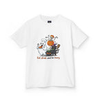 Eat Drink and Be Scary Kids Halloween T-Shirt | Cute Ghost Skeleton Pumpkin Cat Shirt for Boys Girls Trick or Treat Tee - Atlas Briefly