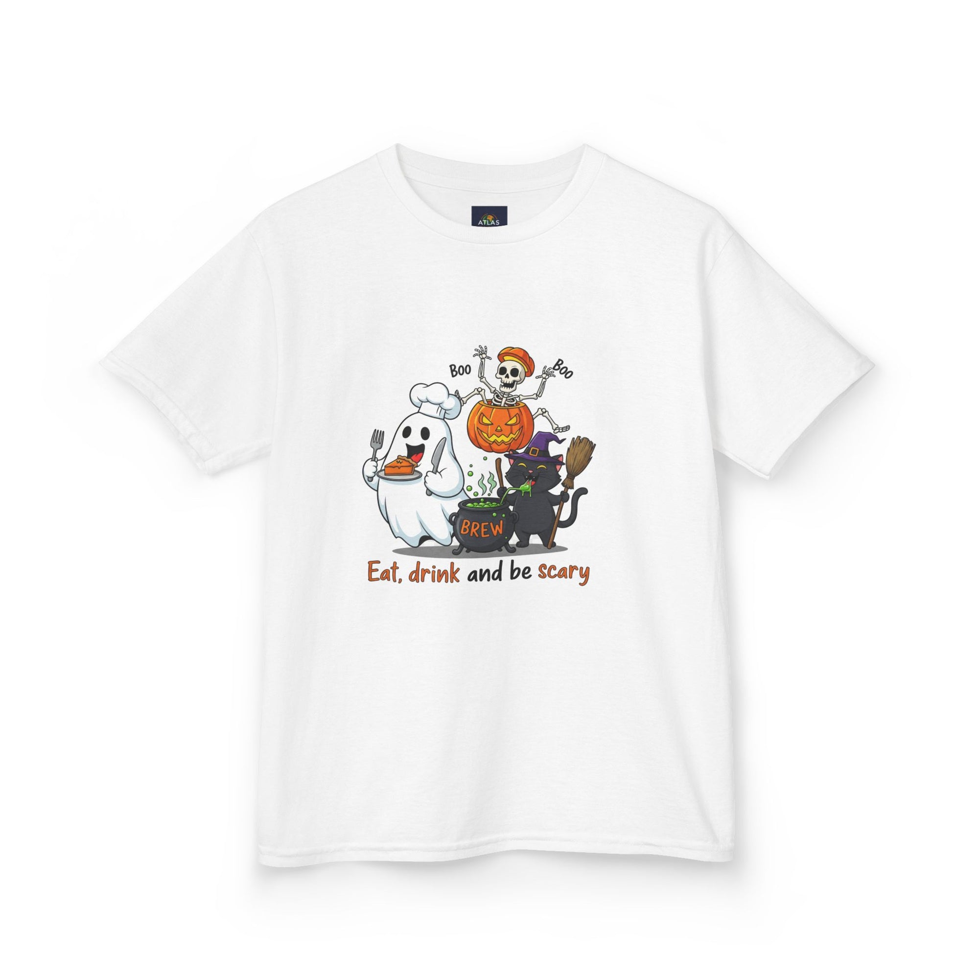 Eat Drink and Be Scary Kids Halloween T-Shirt | Cute Ghost Skeleton Pumpkin Cat Shirt for Boys Girls Trick or Treat Tee - Atlas Briefly
