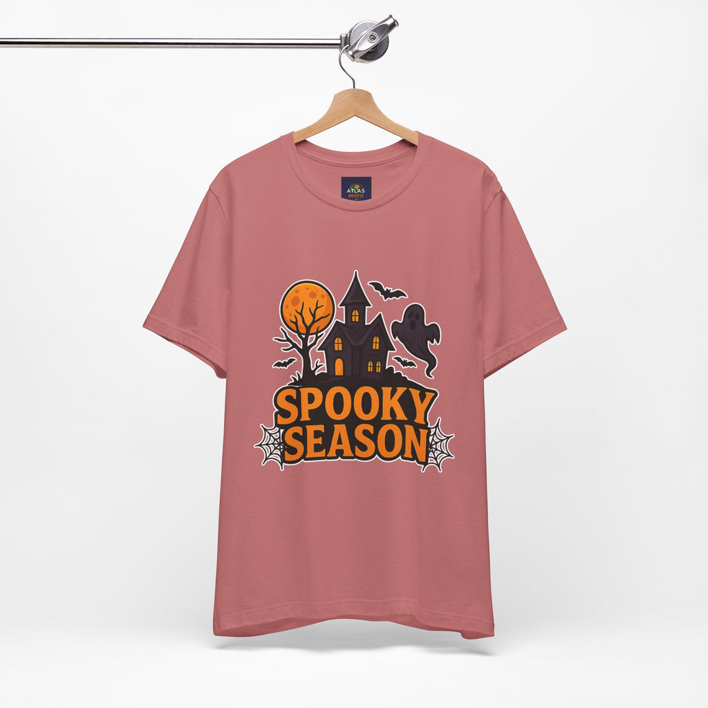 Spooky Season Halloween T-Shirt - Haunted House Ghost Bat Graphic Tee | Halloween Landscape Shirt - Atlas Briefly