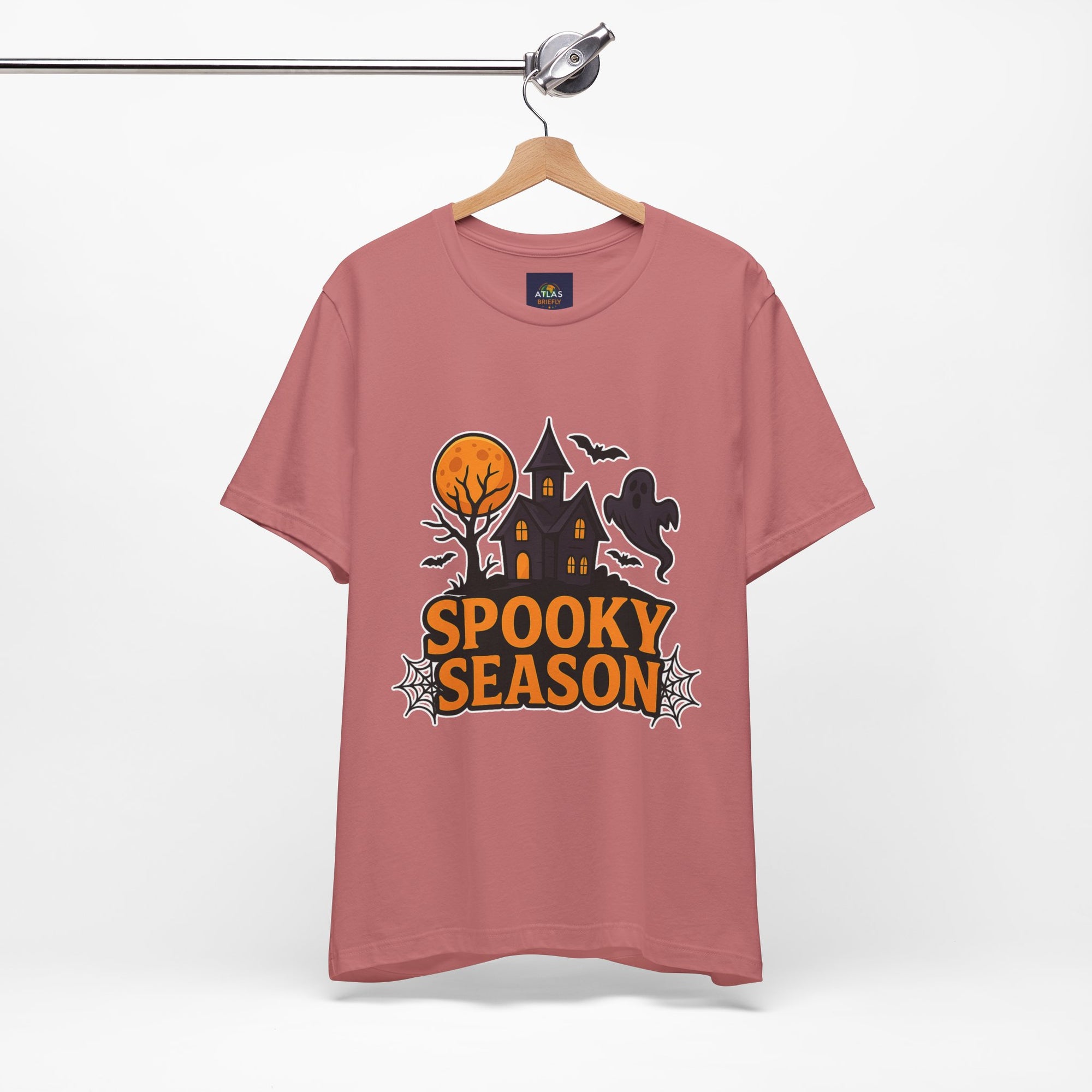 Spooky Season Halloween T-Shirt - Haunted House Ghost Bat Graphic Tee | Halloween Landscape Shirt - Atlas Briefly