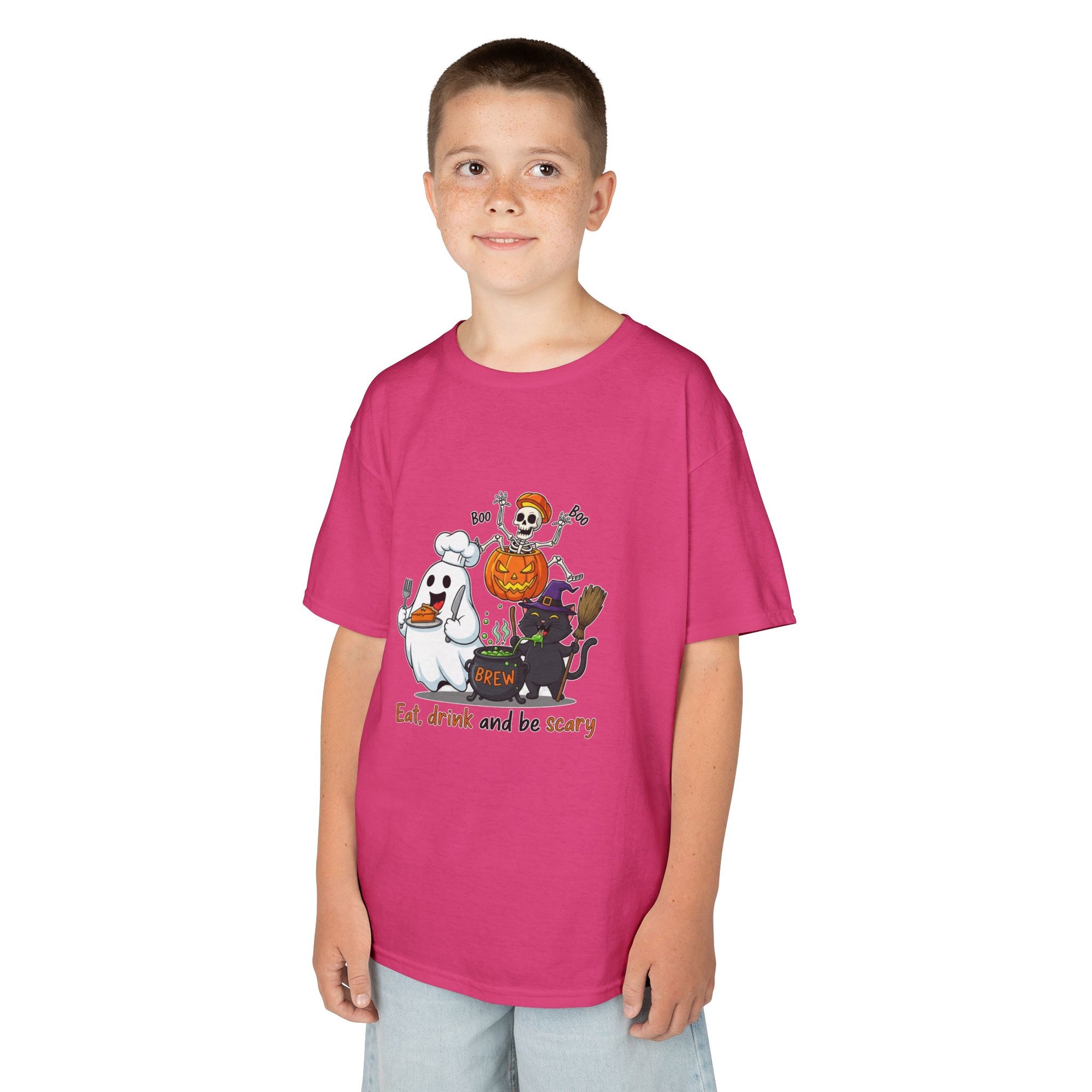 Eat Drink and Be Scary Kids Halloween T-Shirt | Cute Ghost Skeleton Pumpkin Cat Shirt for Boys Girls Trick or Treat Tee - Atlas Briefly