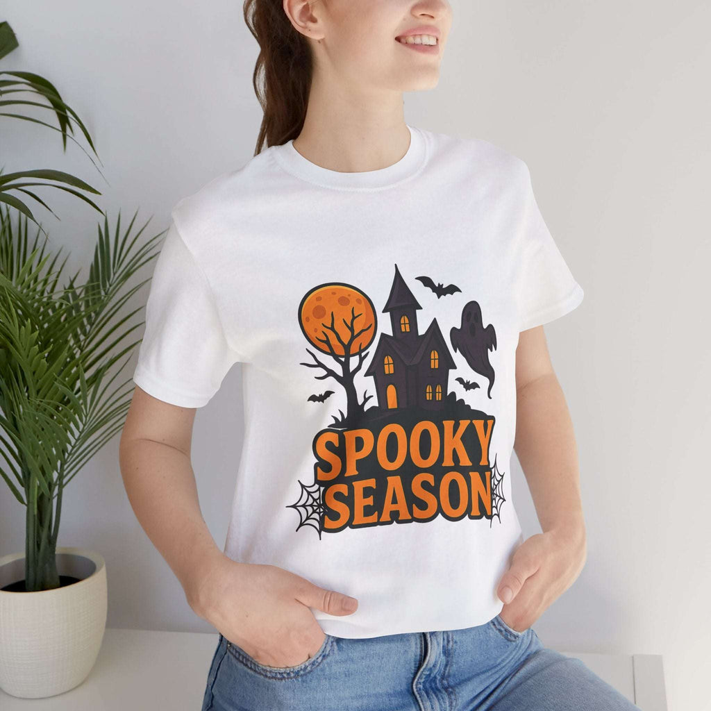 Spooky Season Halloween T-Shirt - Haunted House Ghost Bat Graphic Tee | Halloween Landscape Shirt - Atlas Briefly