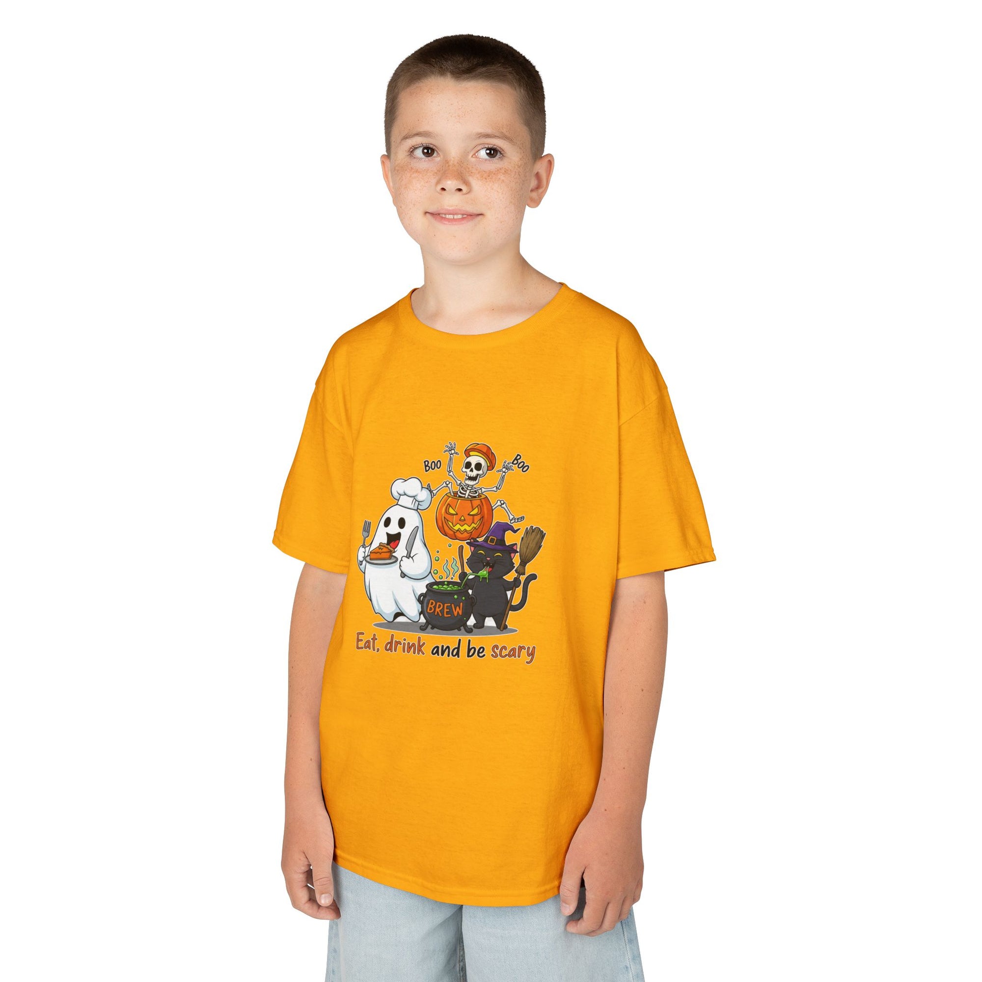 Eat Drink and Be Scary Kids Halloween T-Shirt | Cute Ghost Skeleton Pumpkin Cat Shirt for Boys Girls Trick or Treat Tee - Atlas Briefly