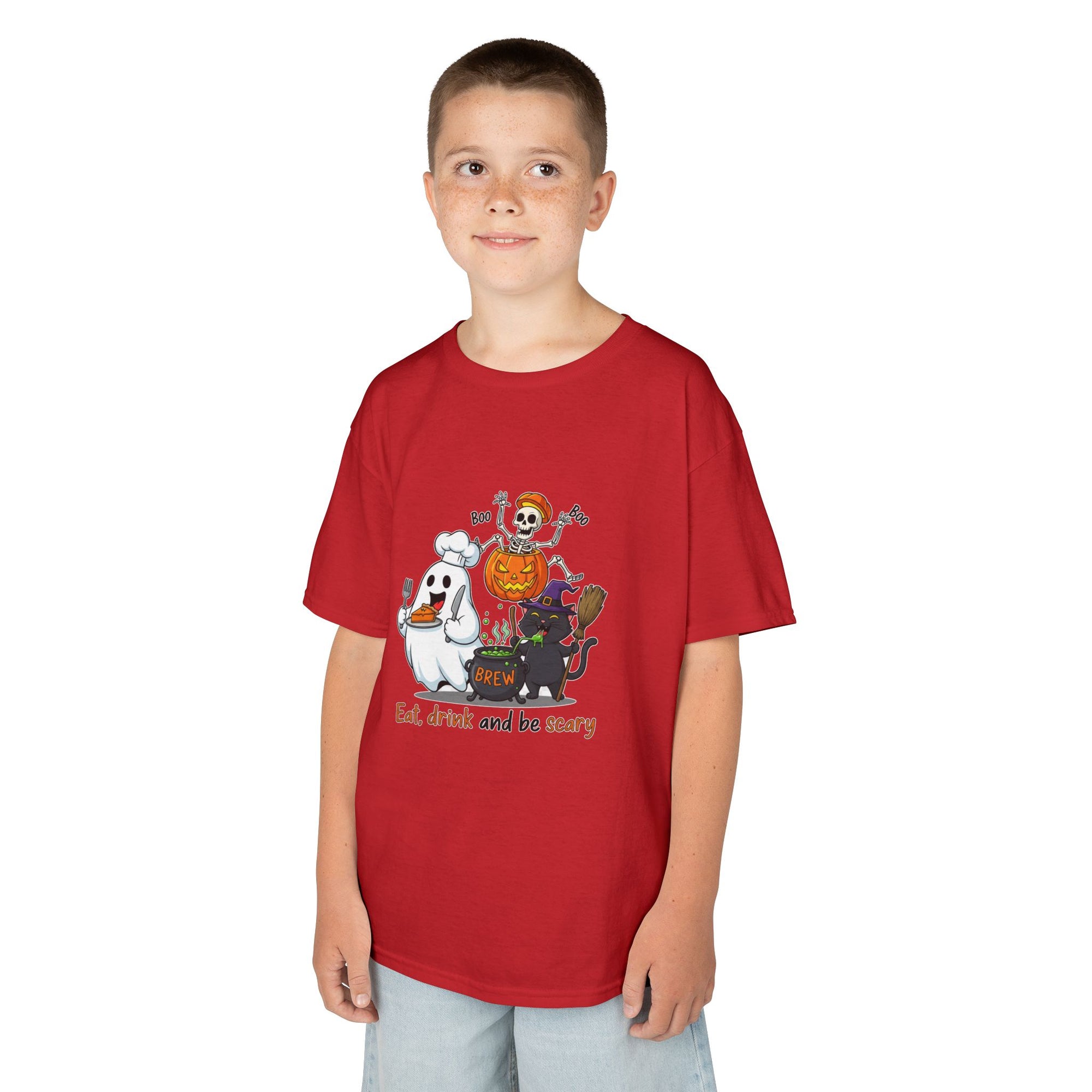 Eat Drink and Be Scary Kids Halloween T-Shirt | Cute Ghost Skeleton Pumpkin Cat Shirt for Boys Girls Trick or Treat Tee - Atlas Briefly