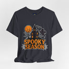 Spooky Season Halloween T-Shirt - Haunted House Ghost Bat Graphic Tee | Halloween Landscape Shirt - Atlas Briefly