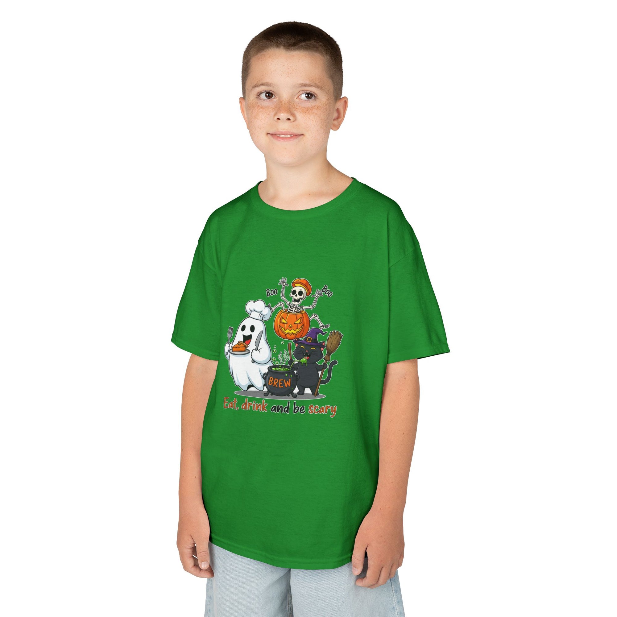 Eat Drink and Be Scary Kids Halloween T-Shirt | Cute Ghost Skeleton Pumpkin Cat Shirt for Boys Girls Trick or Treat Tee - Atlas Briefly