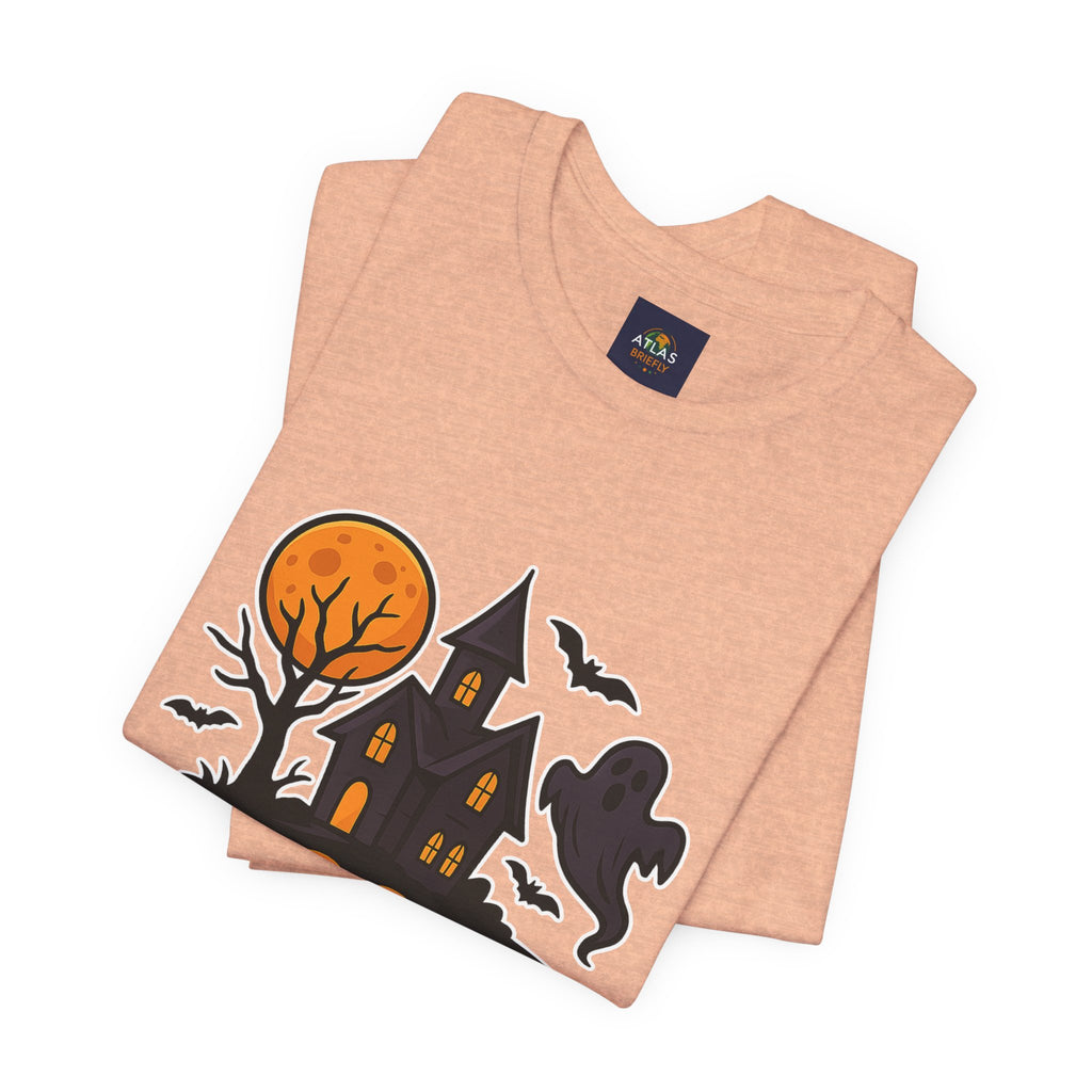 Spooky Season Halloween T-Shirt - Haunted House Ghost Bat Graphic Tee | Halloween Landscape Shirt - Atlas Briefly