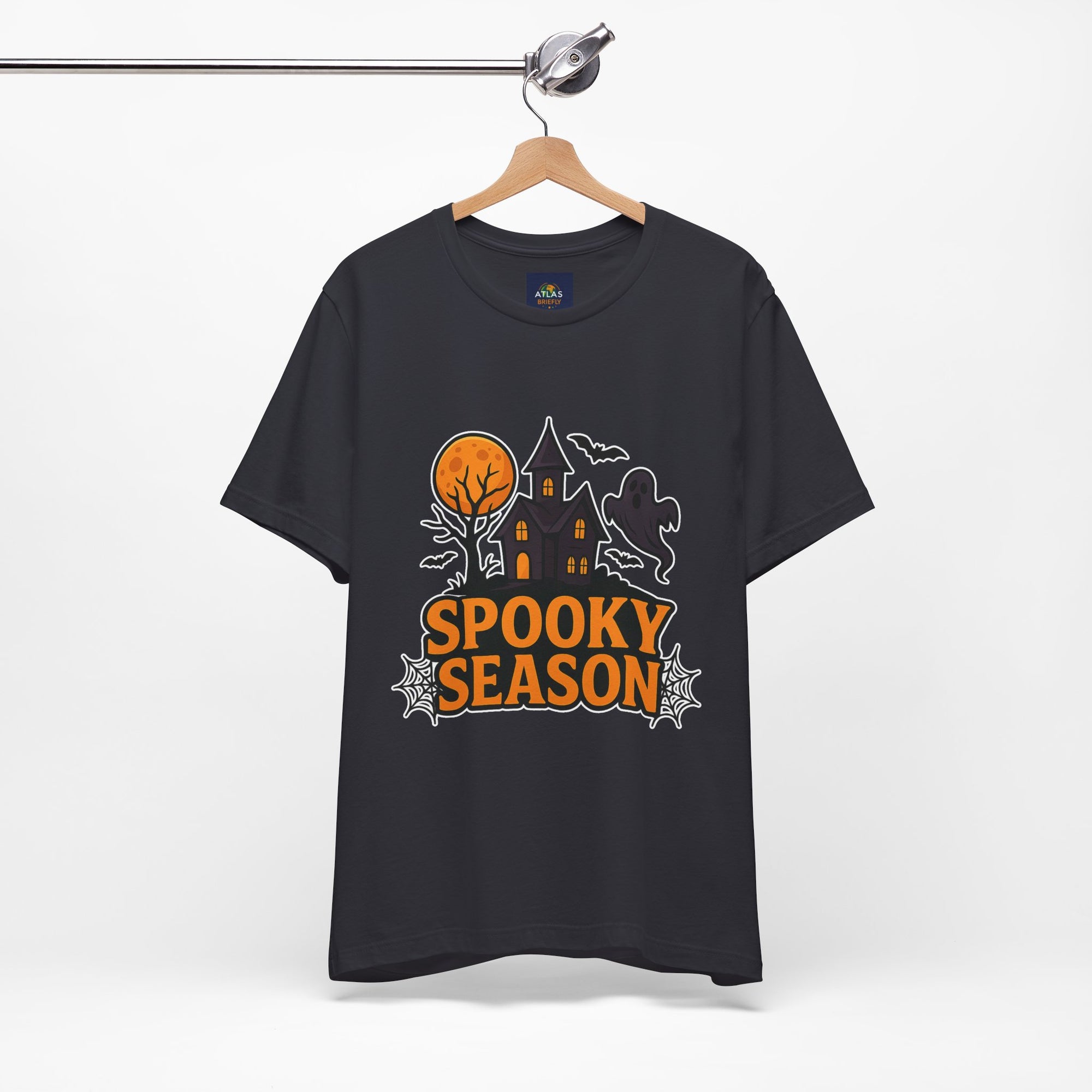 Spooky Season Halloween T-Shirt - Haunted House Ghost Bat Graphic Tee | Halloween Landscape Shirt - Atlas Briefly