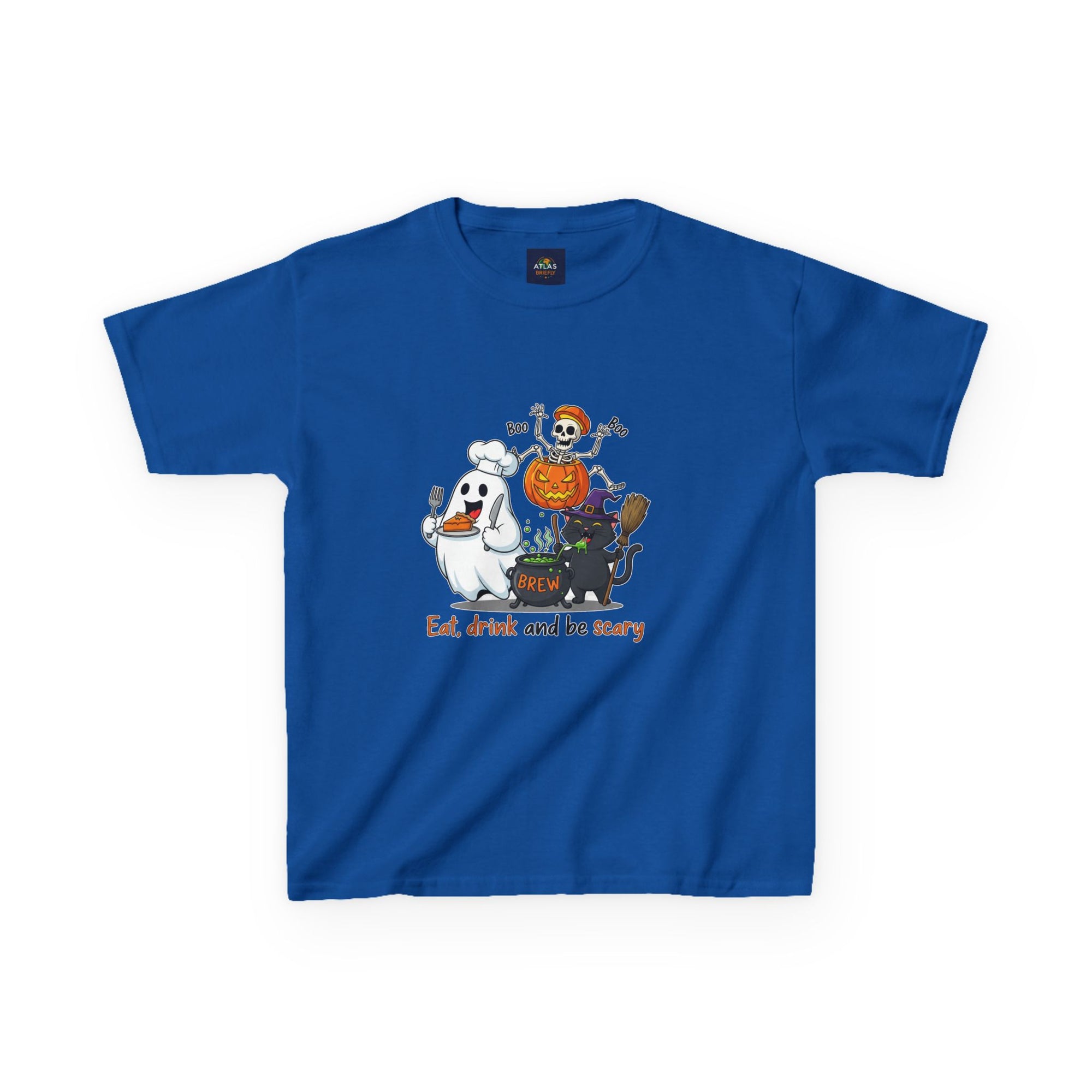Eat Drink and Be Scary Kids Halloween T-Shirt | Cute Ghost Skeleton Pumpkin Cat Shirt for Boys Girls Trick or Treat Tee - Atlas Briefly