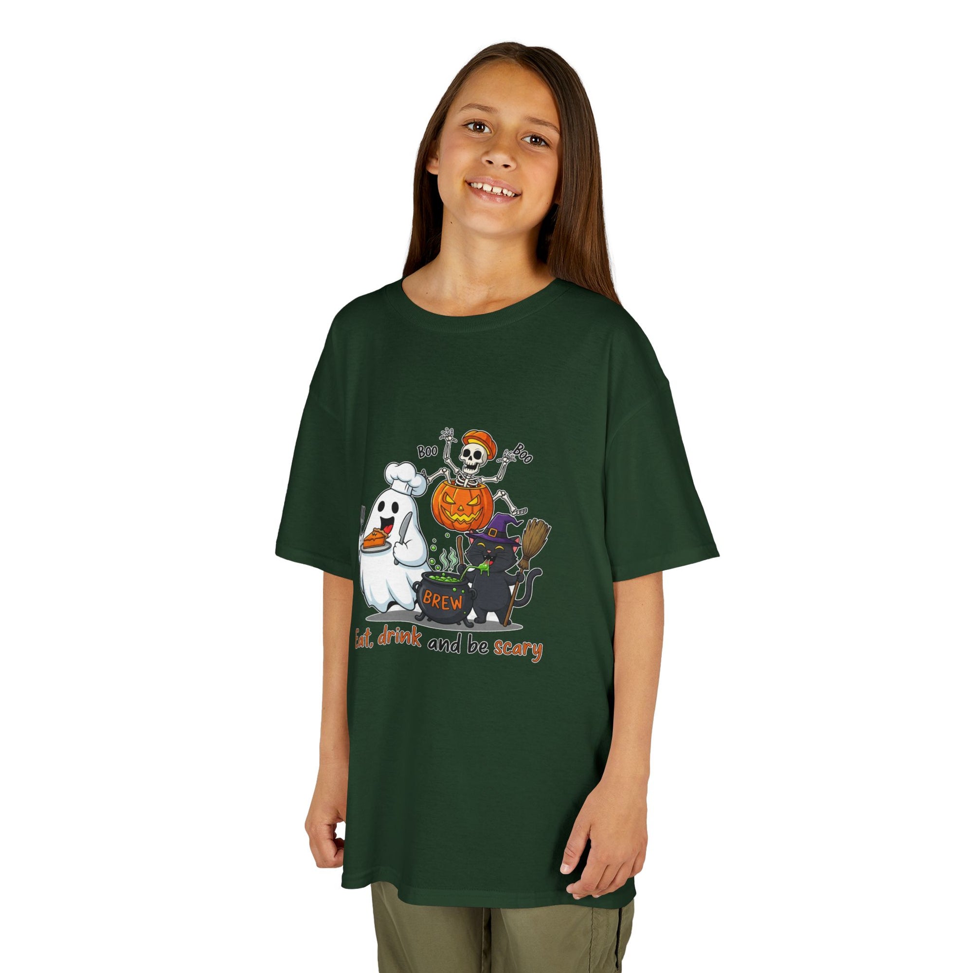 Eat Drink and Be Scary Kids Halloween T-Shirt | Cute Ghost Skeleton Pumpkin Cat Shirt for Boys Girls Trick or Treat Tee - Atlas Briefly