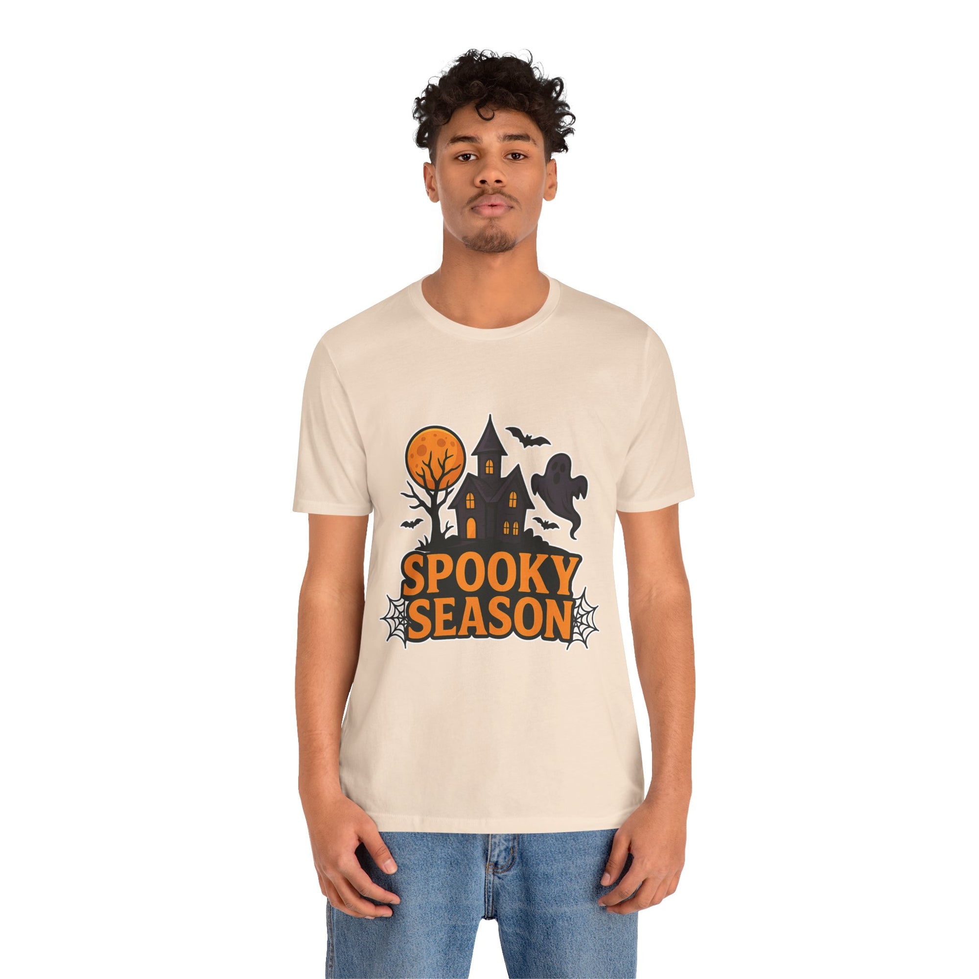 Spooky Season Halloween T-Shirt - Haunted House Ghost Bat Graphic Tee | Halloween Landscape Shirt - Atlas Briefly