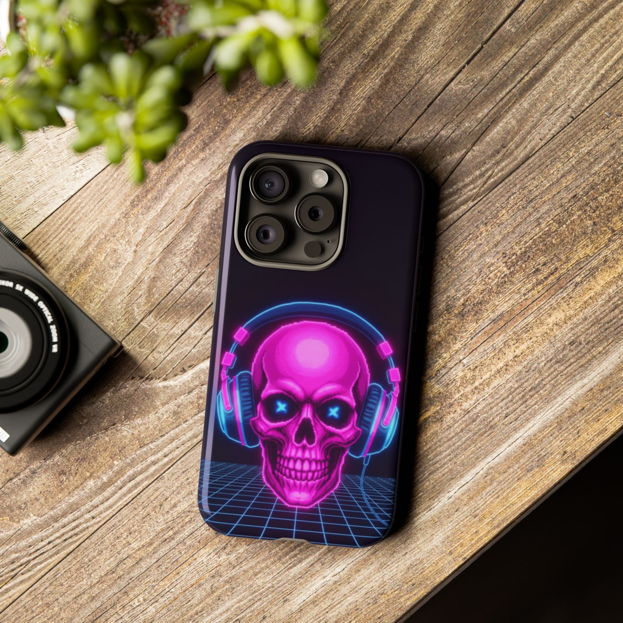 Neon Skull Synthwave Phone Case - Retro 80s Cyberpunk Mobile Cover | Vaporwave Tech Gift - Atlas Briefly
