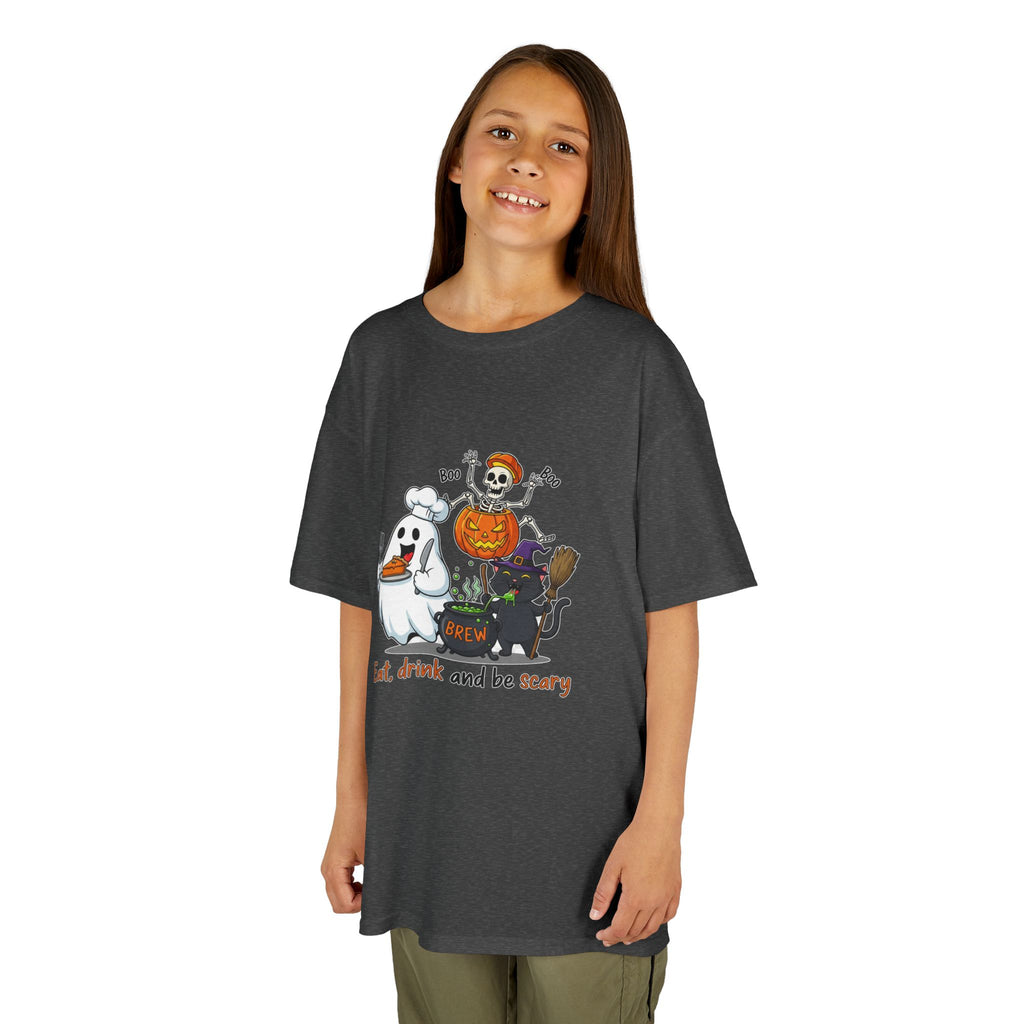Eat Drink and Be Scary Kids Halloween T-Shirt | Cute Ghost Skeleton Pumpkin Cat Shirt for Boys Girls Trick or Treat Tee - Atlas Briefly