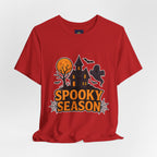 Spooky Season Halloween T-Shirt - Haunted House Ghost Bat Graphic Tee | Halloween Landscape Shirt - Atlas Briefly