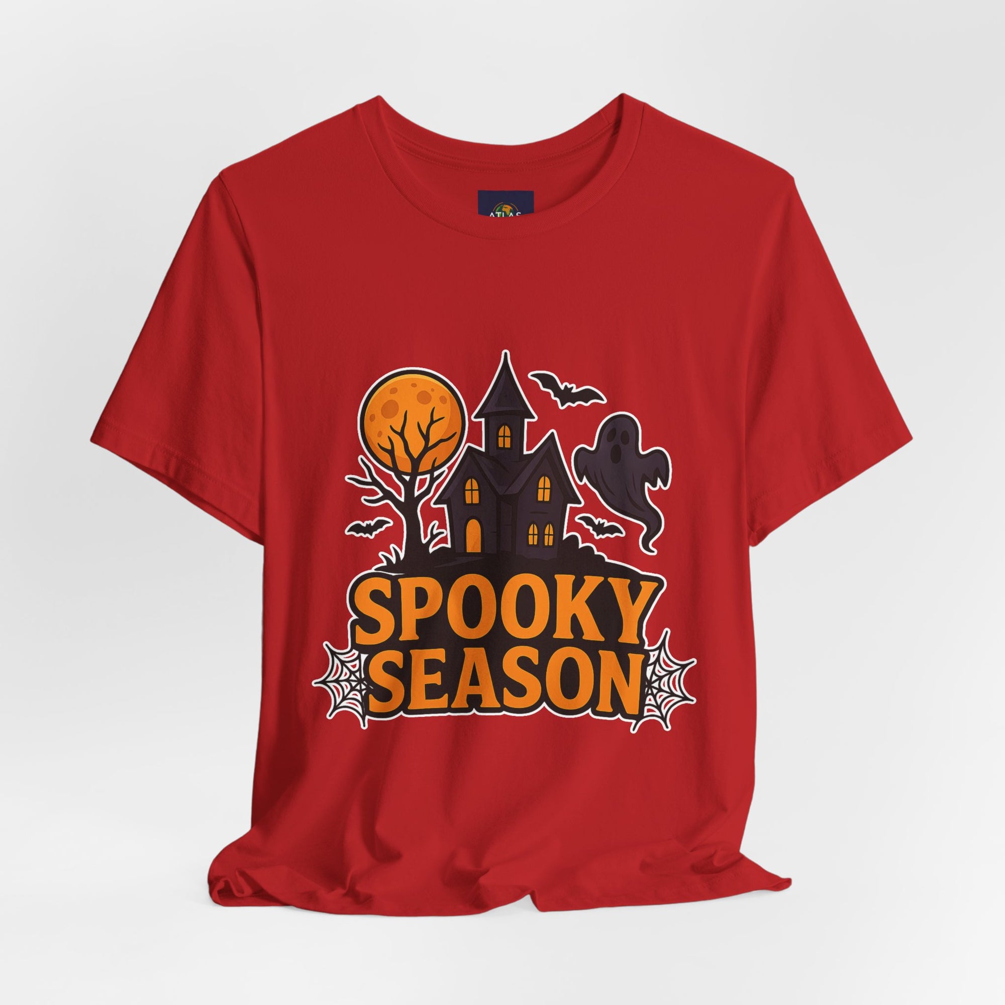 Spooky Season Halloween T-Shirt - Haunted House Ghost Bat Graphic Tee | Halloween Landscape Shirt - Atlas Briefly