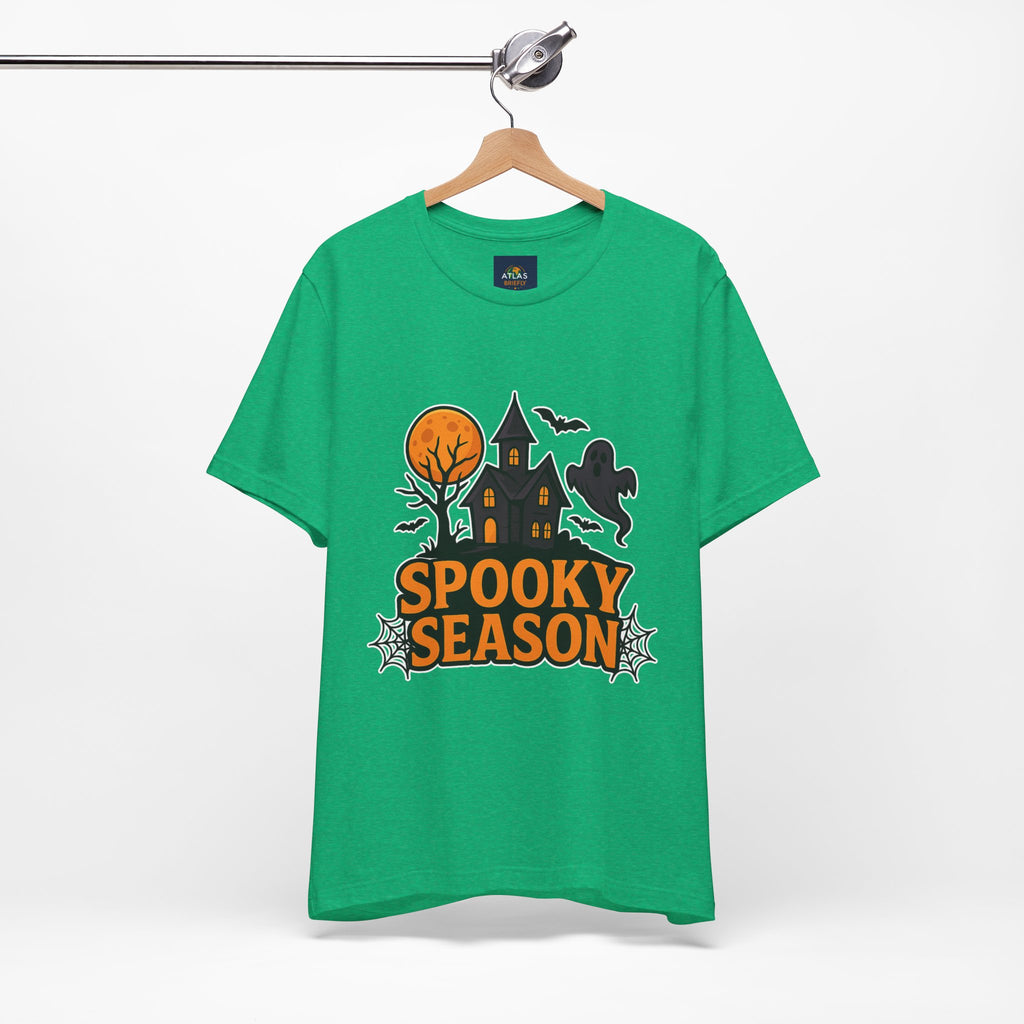 Spooky Season Halloween T-Shirt - Haunted House Ghost Bat Graphic Tee | Halloween Landscape Shirt - Atlas Briefly