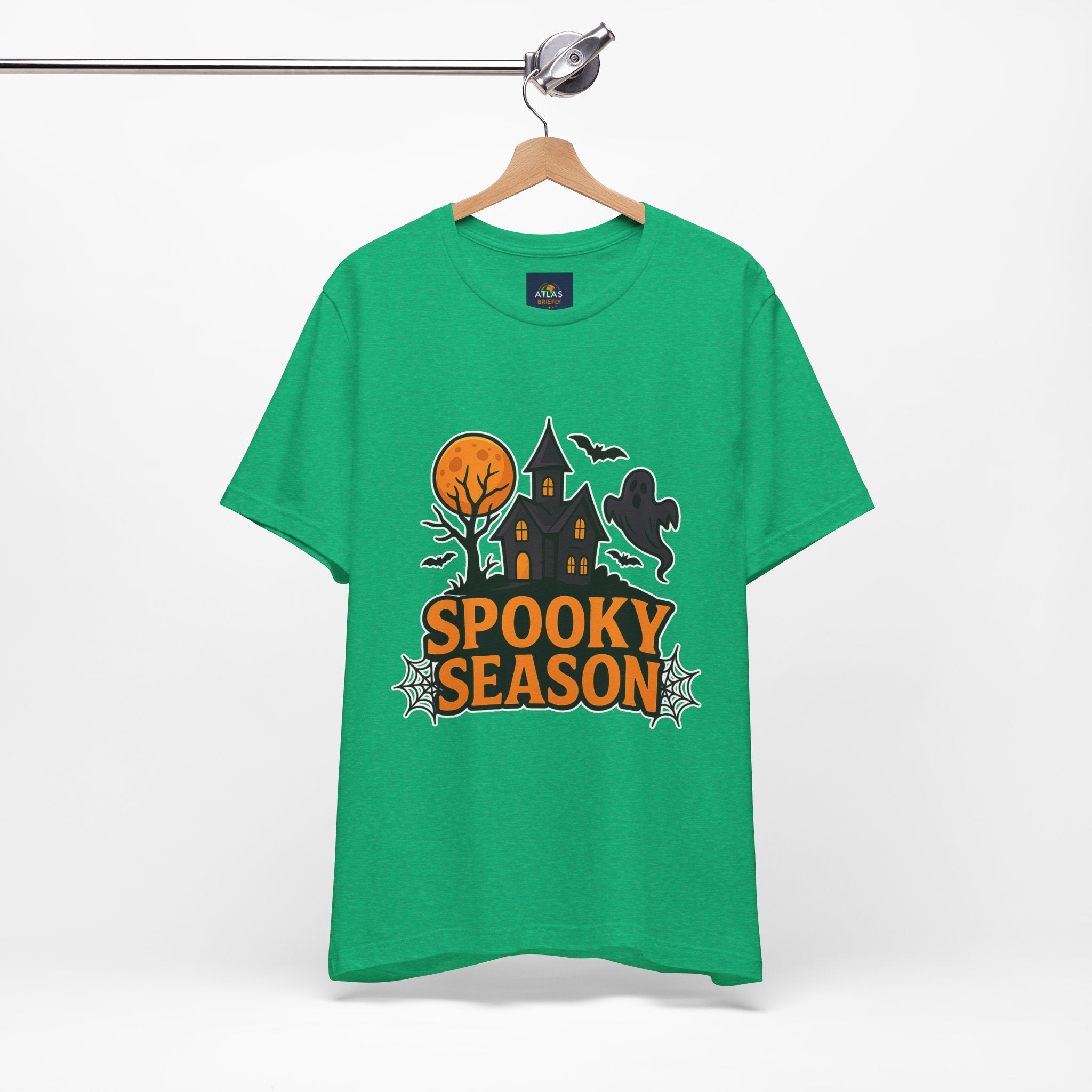 Spooky Season Halloween T-Shirt - Haunted House Ghost Bat Graphic Tee | Halloween Landscape Shirt - Atlas Briefly