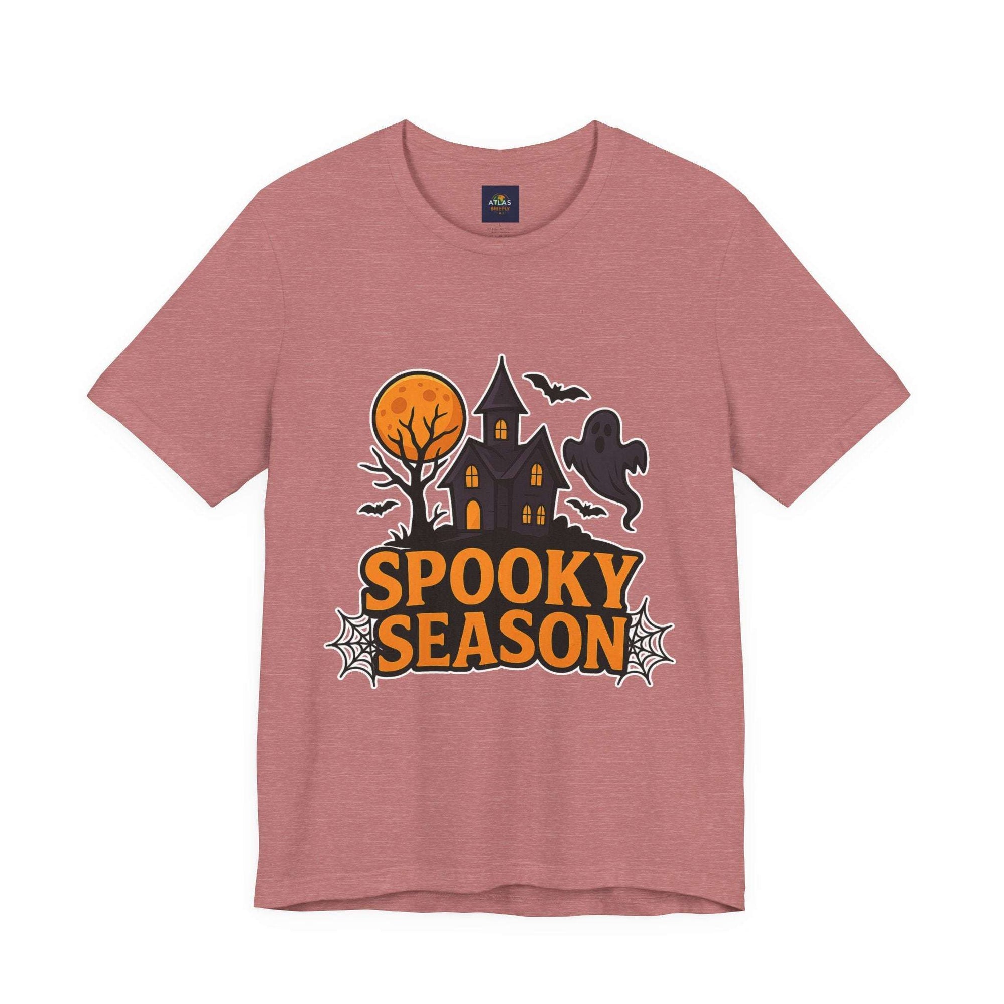 Spooky Season Halloween T-Shirt - Haunted House Ghost Bat Graphic Tee | Halloween Landscape Shirt - Atlas Briefly