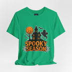 Spooky Season Halloween T-Shirt - Haunted House Ghost Bat Graphic Tee | Halloween Landscape Shirt - Atlas Briefly