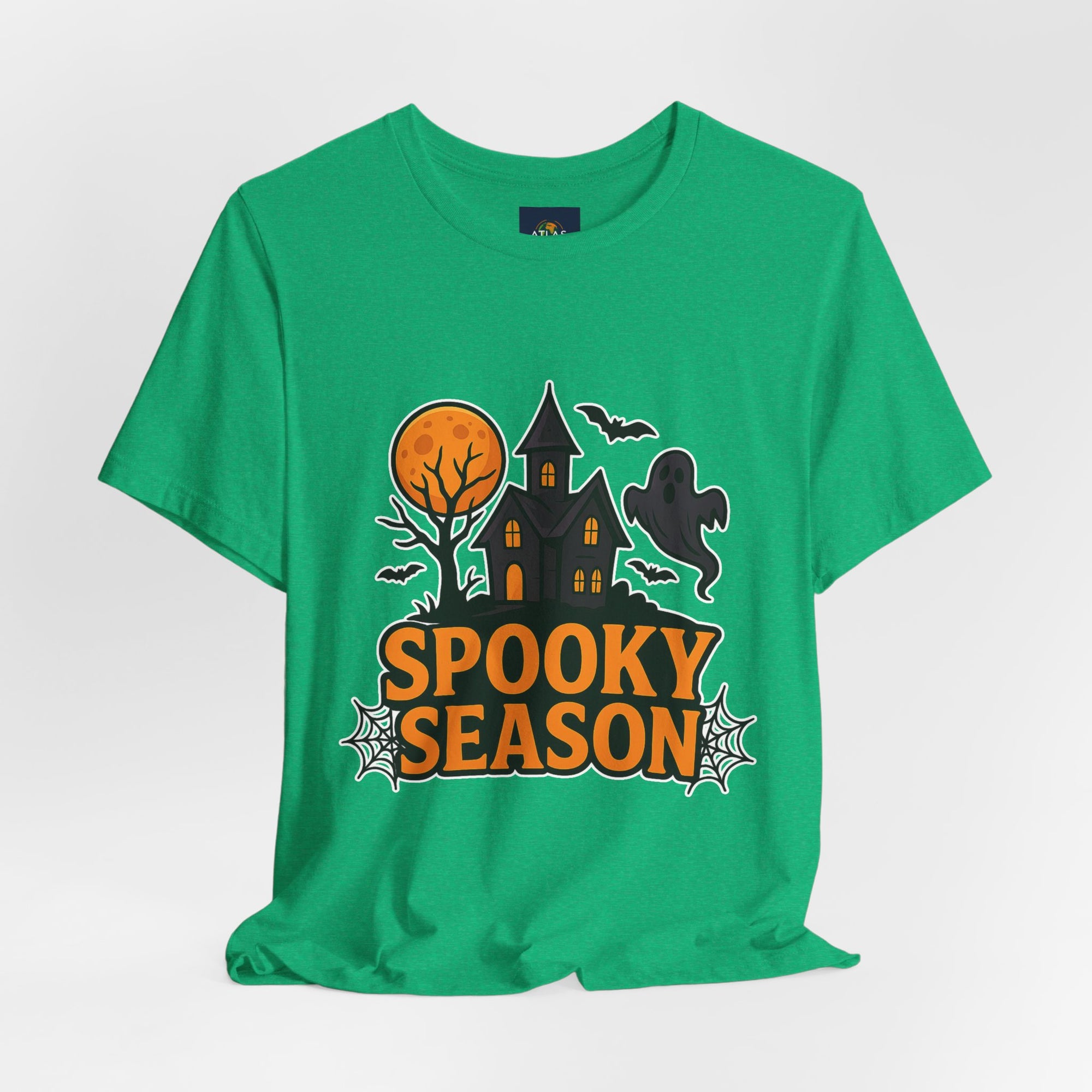 Spooky Season Halloween T-Shirt - Haunted House Ghost Bat Graphic Tee | Halloween Landscape Shirt - Atlas Briefly