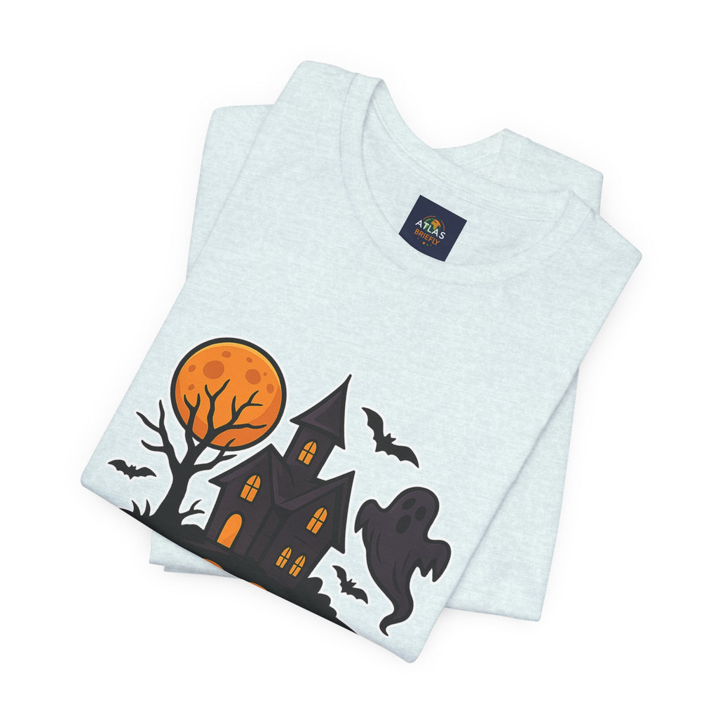 Spooky Season Halloween T-Shirt - Haunted House Ghost Bat Graphic Tee | Halloween Landscape Shirt - Atlas Briefly